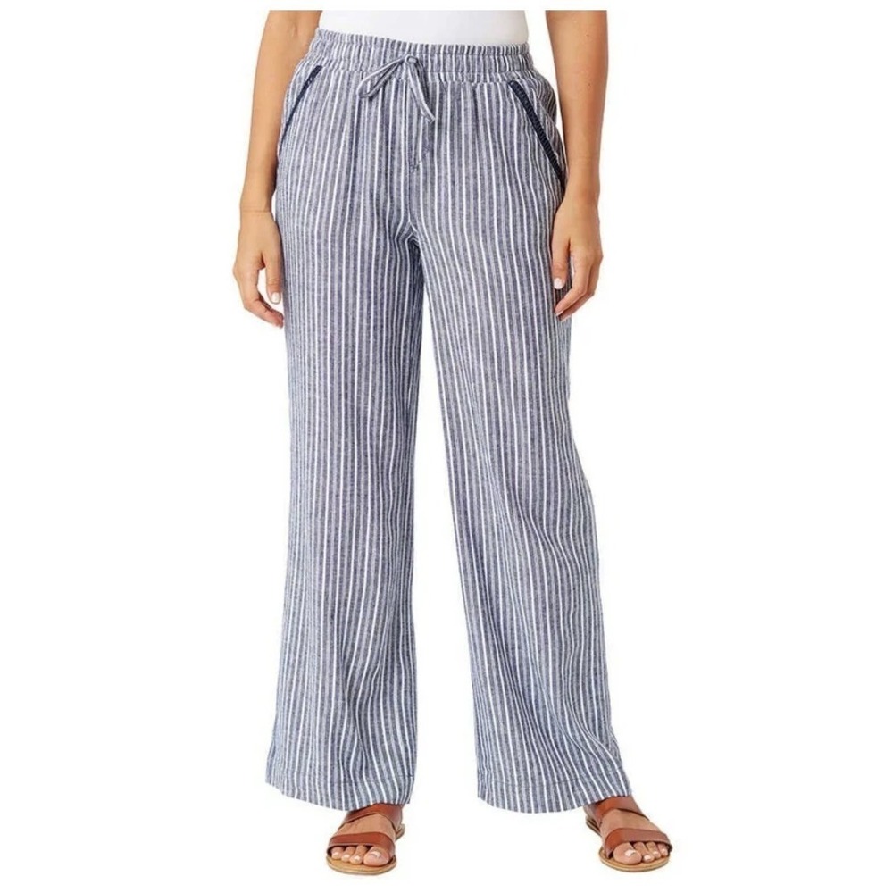 Briggs Linen Comfy Coastal Beach Resort Stripes Pull On Wide Leg Pants XXL Navy